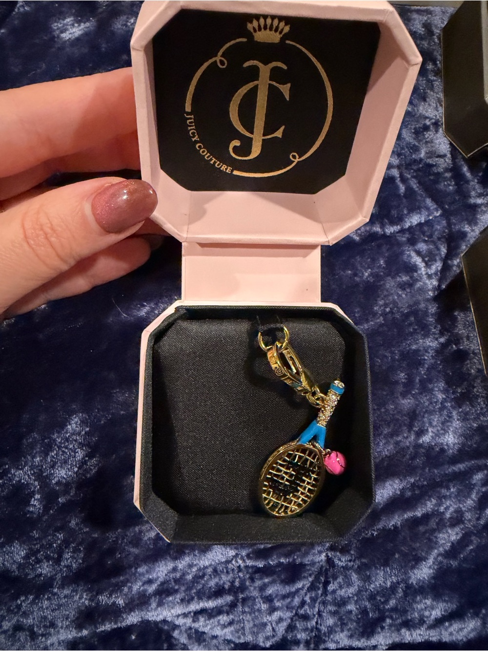 Juicy Couture Gold Tennis Racket Charm with Blue Handle & Pink Ball